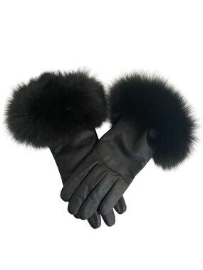 Black Leather Gloves with Fox Fur Trim & Wool Lining 🇮🇳